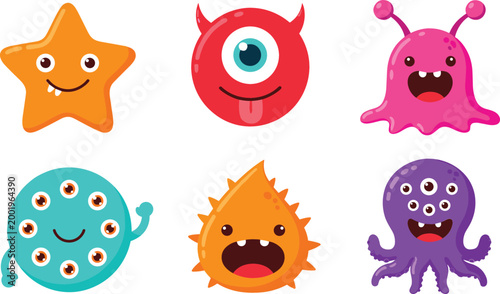 Cute colorful cartoon monster and star character set with funny expressions, playful fantasy creatures collection for kids design, stickers, nursery decor, and illustrations