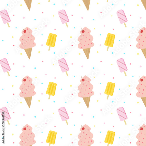 Seamless summer pattern with cute pink ice cream cones and popsicles.