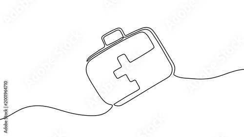 Continuous one line first aid kit emergency medical pharmacy health. First emergency aid kit bag doctor medicine art care white isolated case box hospital tool drawing paramedic background instrument.