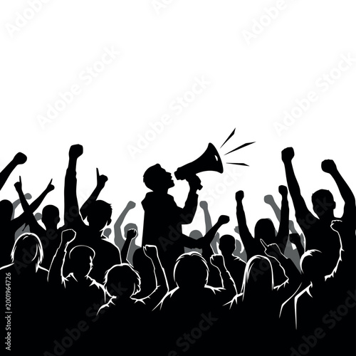 Silhouette of a crowd of people protesting with a megaphone