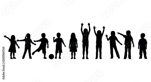 Group of children silhouettes playing and having fun
