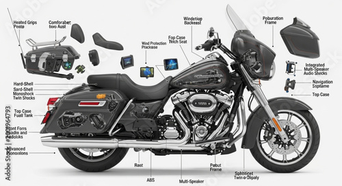 Detailed Diagram of a Harley Davidson Motorcycle with Labels.