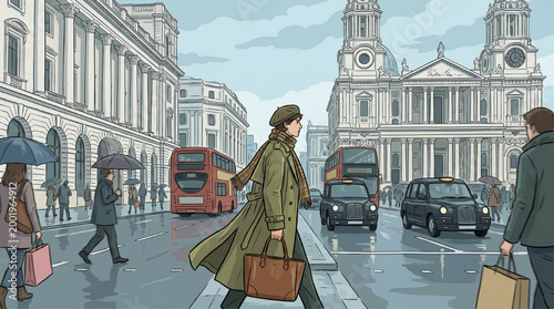 Illustration of people walking on a rainy city street