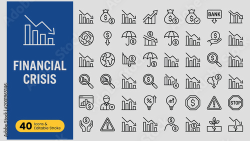 Financial crisis web icon set in line style. Decrease, recession, collapse, layoff, panic, job fired, pay cuts, low cost, collection. Vector illustration.