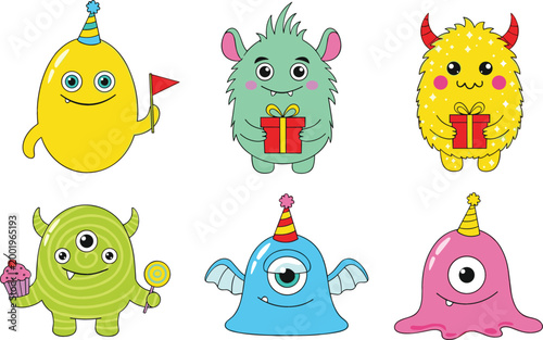 Cute colorful cartoon monsters collection with party hats and gifts, playful fantasy characters set for kids design, stickers, nursery decor, and illustrations
