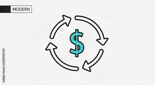 Modern dollar sign symbol with revolving arrows, representing money exchange, financial transactions, or currency refresh, on a bright studio background.