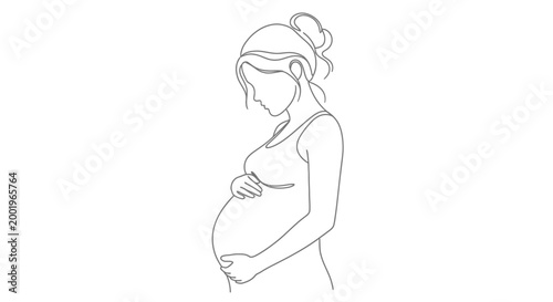 Elegant continuous line art drawing of a pregnant woman gently touching her belly, symbolizing anticipation and motherhood, on an isolated white background.
