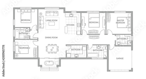 Detailed architectural blueprint of a house floor plan showing multiple rooms, garage, and precise measurements, on an isolated white background.