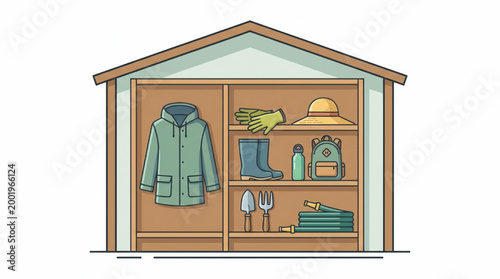 Illustration of garden tools and clothing organized on shelves in a shed