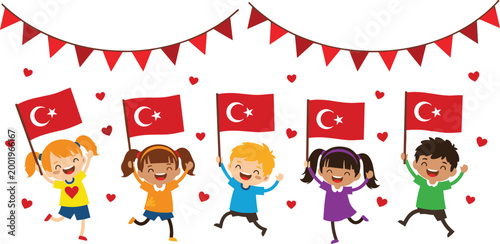 Happy children waving Turkish flags with festive bunting and hearts, celebrating national holiday, unity and patriotism concept in colorful playful illustration style