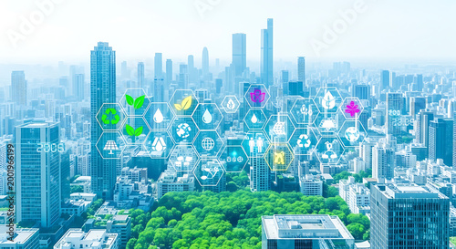 Modern city skyline with overlaid digital icons of environmental sustainability and green city solutions sustainability environment technology building development infrastructure conservation