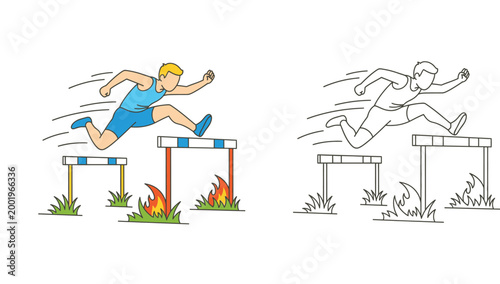 Vector illustration of a male athlete jumping over hurdles with fire, presented in full color and black and white line art for coloring book. Concept of overcoming dangerous obstacles.