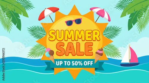Bright summer sale advertisement with palm leaves, sunglasses and sailboat