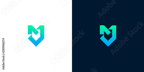 Vibrant and modern abstract letter M or V initial logo design featuring a dynamic gradient shield shape, ideal for contemporary technology, security, or corporate branding applications