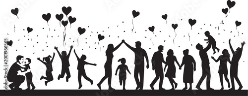 World Family Day vector illustration with family silhouettes, heart balloons, and affectionate poses