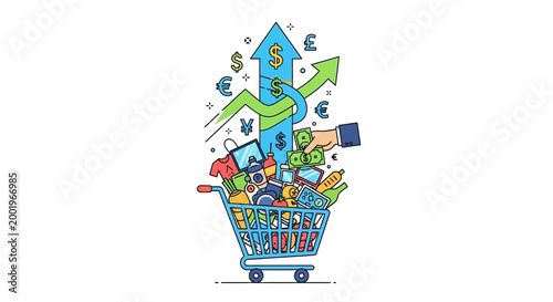 Shopping cart overflowing with goods and rising arrow representing growth