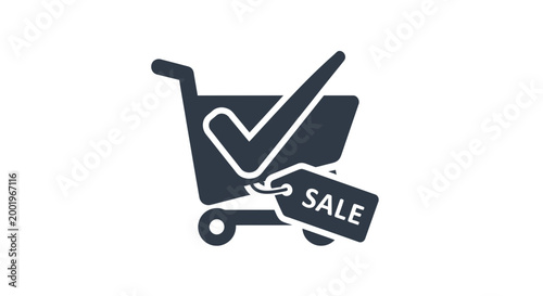 Shopping cart with check mark and sale tag icon representing successful purchase