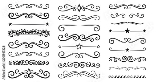 Hand drawn calligraphic flourishes and star dividers for rustic wedding stationary set.