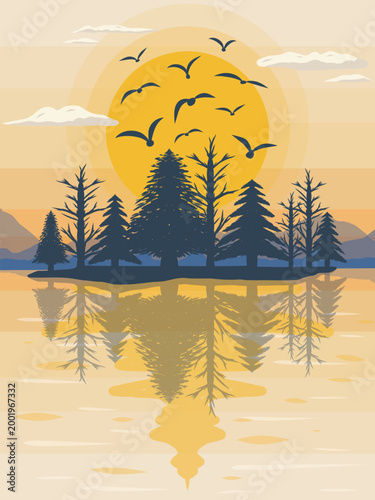 Minimalist Sunset Landscape with Pine Trees and Lake Reflection