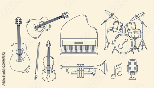 Collection of musical instrument line icons including a grand piano acoustic guitar drum kit violin trumpet and vintage microphone vector illustration