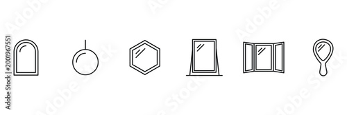 Mirror icon set featuring arched wall mirror hanging round ball hexagonal frame standing dressing glass triple folding vanity and hand mirror.