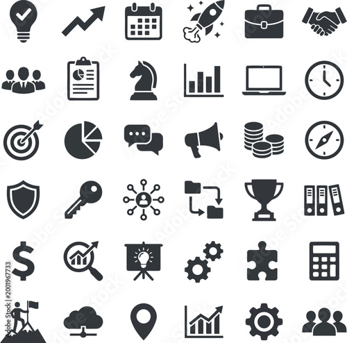 Set of black business and marketing icons for office work and management tasks