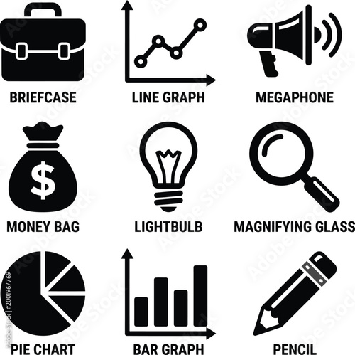 Set of simple black business and office icons including briefcase line graph megaphone money bag lightbulb magnifying glass pie chart and pencil
