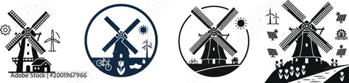 Classic Dutch windmill silhouette set representing Netherlands countryside and traditional renewable energy icons, vector isolated on white