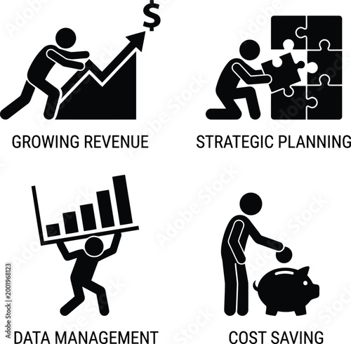 Set of black business icons showing growing revenue, strategic planning, data management, and cost saving concepts with people silhouettes