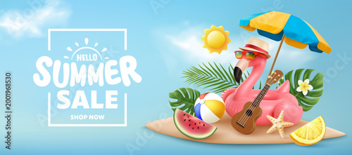 Summer banner template with tropical flamingo float,beach umbrella,ukulele,fruits,palm leaves and summer sale text on bright blue sky background,Promotion and shopping template for  summer sale season
