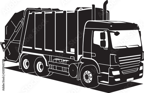 Garbage truck, waste management vehicle, sanitation truck, black and white illustration