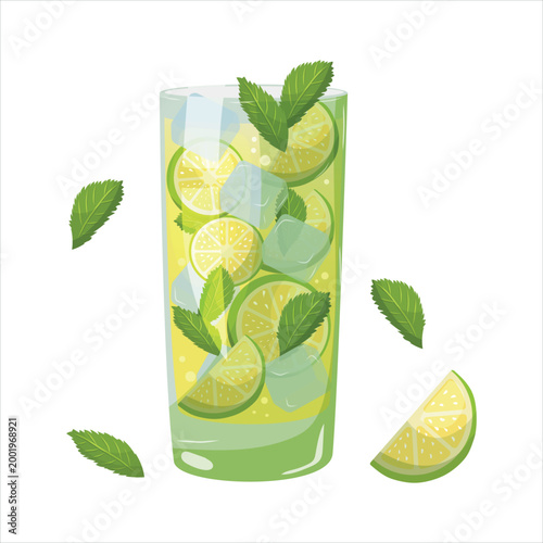 Fresh mojito cocktail glass with lime and mint. Summer drink vector illustration