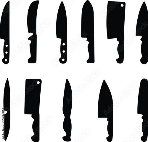 Set of kitchen knife silhouettes collection, chef, cleaver and utility blades isolated on white background, minimal flat design icons for cooking, culinary and food preparation