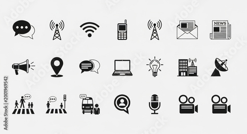 Collection of communication and technology icons on a white background.