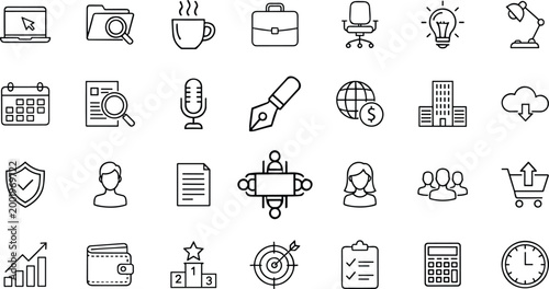 Comprehensive business and office icon set featuring professional line art symbols for corporate management, financial growth, teamwork, and remote workplace productivity.