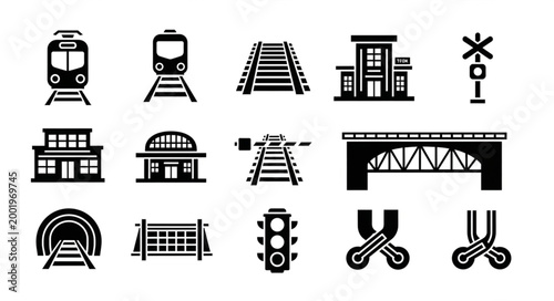 Collection of railway transportation icons and symbols.