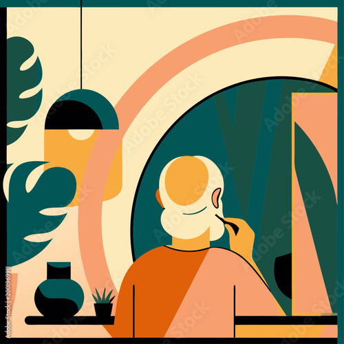 Elderly man grooming beard while looking in mirror at home, flat vector style  