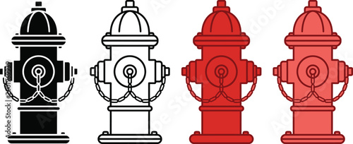 Four fire hydrant illustrations black white red and outlined versions