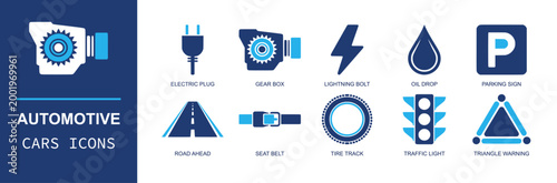 Automotive cars icon set. Containing electric plug, gear box, bolt, oil drop, parking, road ahead, seat belt, tire, traffic light, warning, engine and more. Solid fill vector icons.
