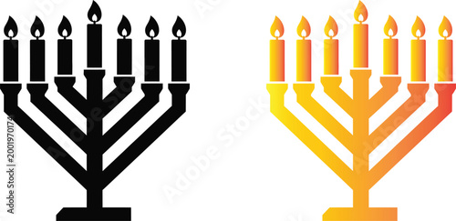 Hanukkah menorah illustration black silhouette and colorful lit version