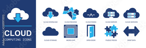 Cloud computing icon set. Containing cloud download, regions, rising, server, servers, storage, micro chip, open door, puzzle pieces, swap data, sync and more. Solid fill vector icons.