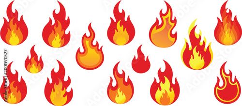 Collection of cartoon fire flames in various shapes and sizes