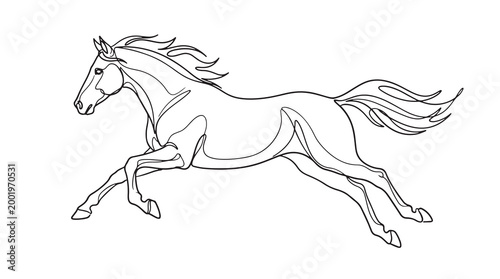 Elegant outline illustration of a galloping horse in motion with flowing mane and tail, perfect for equestrian themes