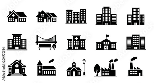 Collection of diverse building icons representing different structures.