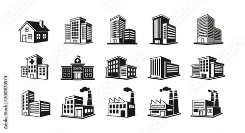 Collection of diverse building illustrations in black and white.