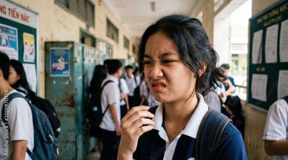Fototapeta premium Young student with a disgusted expression in school hallway.