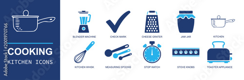 Cooking kitchen icon set. Containing blender, check mark, cheese grater, jam jar, kitchen knife, whisk, measuring spoons, stop watch, stove knobs, toaster and more. Solid fill vector icons.