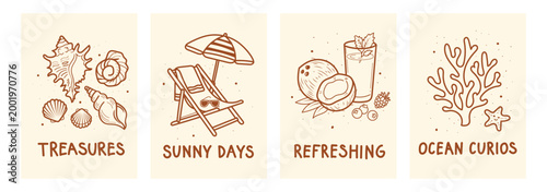 4 set of Summer beach postcard  print  or poster templates doodle set with shells  starfish  crab  pineapple  flamingo  flip flops. Hand drawn line art in decorative square frames. Minimal  Vector