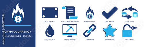 Cryptocurrency blockchain icon set. Containing block plate, document, burning cash, coin swap, crypto drop, mining, link chain, star rating, unlock key and more. Solid fill vector icons.