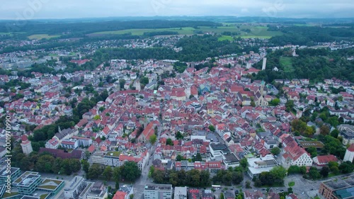 Aerial view of the old town in the city Ravensburg in Germany on a cloudy summer day